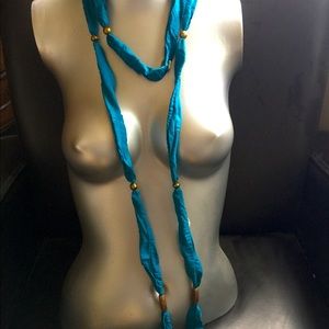 Blue Silk scarf, necklace, headband with pyrite stones